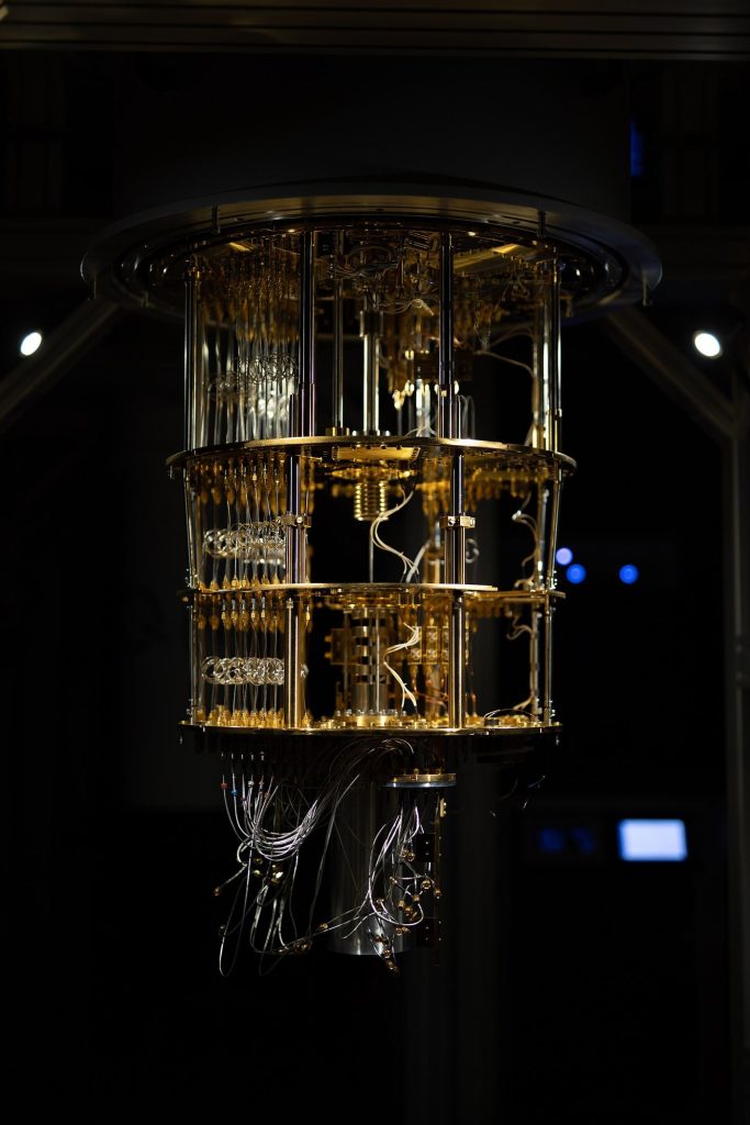 The golden chandelier-like structure of a quantum computer in a laboratory