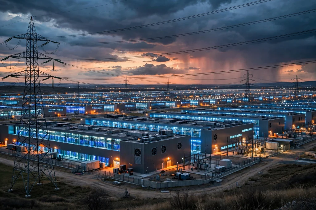 AI Data Centres Are Booming, but Who Pays the Bill? A massive modern AI data centre at dusk with glowing server halls