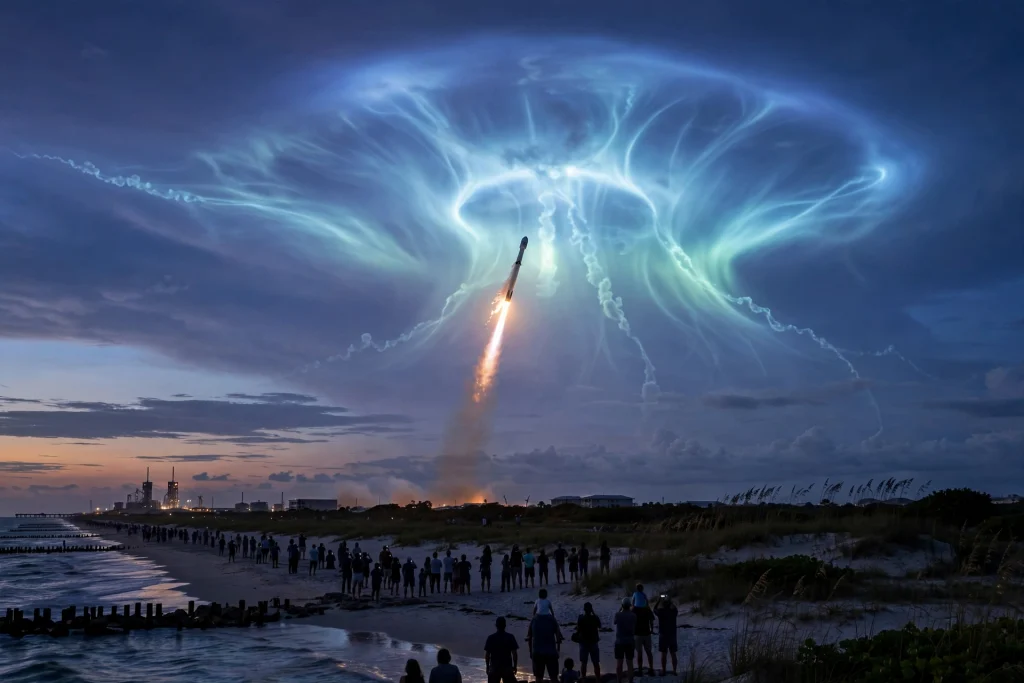 SpaceX Launch Paints a Stunning Jellyfish Cloud Over the East Coast A rocket launch at twilight creating a glowing jellyfish-shaped cloud in the sky